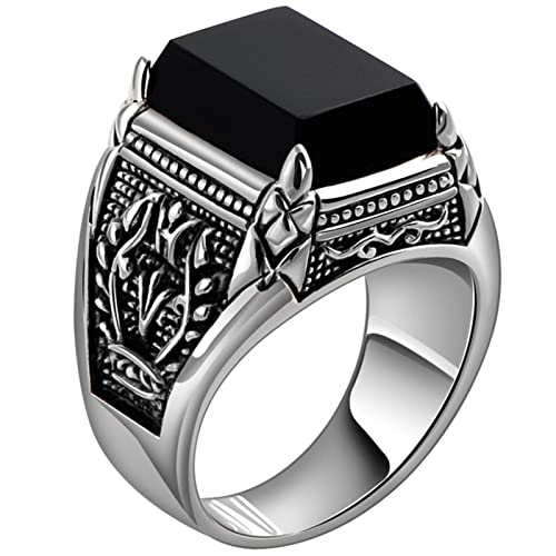 Herren Ring Silber, Herren Ringe Silber Schwarz Punk-Muster-Achat Achat Ringe für Herren Männer Größe 65 (20.7) von Skcess