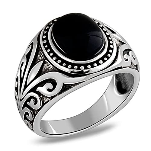 Herren Ring Silber, Ring Herren Silber Vintage Antikes Muster mit Schwarzem Achat Achat Ringe für Herren Männer Größe 60 (19.1) von Skcess