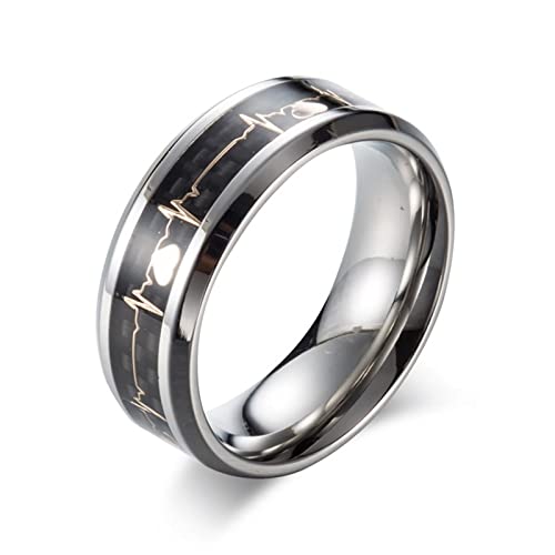 Herrenringe Silber Schwarz, Ringe Herren Edelstahl Elektrokardiogramm Ringe Herren Geschenke für Männer Größe 67 (21.3) von Skcess