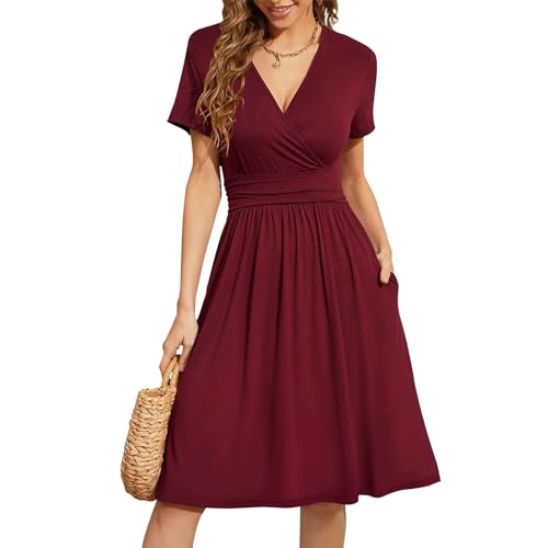 Kleider Damen Sommer V-Ausschnitt Kleid Kurzarm Casual Kleider Sommerkleid Elegant Partykleid mit Taschen Kleid Damen Bordeaux Größe S von Skcess