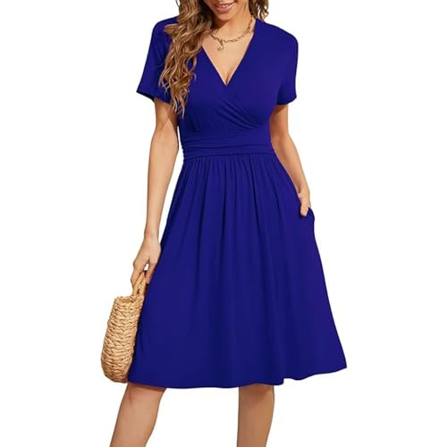 Kleider Damen Sommer V-Ausschnitt Kleid Kurzarm Casual Kleider Sommerkleid Elegant Partykleid mit Taschen Kleid Royalblau Damen Größe S von Skcess