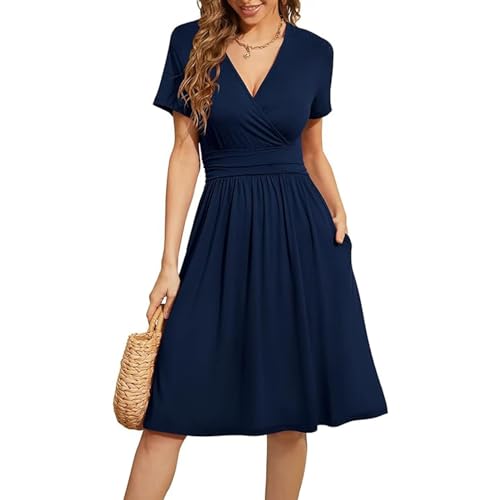 Kleider Damen Sommer V-Ausschnitt Kleid Kurzarm Casual Kleider Sommerkleid Elegant Partykleid mit Taschen Navy Kleid Damen Größe XL von Skcess