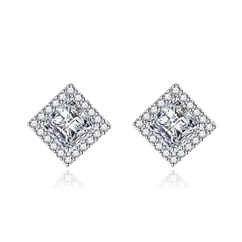 Ohringe Damen Weiß, Zirkonia Ohrstecker Rhombus Ohrringe Kupfer + 925 Silber 14x14mm Mädchen Schmuck von Skcess