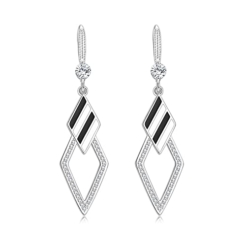 Ohrringe Damen Hängend, Ohrringe Silber Frauen Zwei Rauten Versetzt Weiß Vergoldet Ohrringe Nickelfrei 52X12.5MM von Skcess