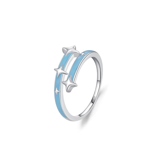 Ring Damen 925 Sterlingsilber, Fidget Ring Damen Ohne Edelstein Offener Sternring mit Tropfenkleber Silber Blau Größe 57 (18.1) von Skcess
