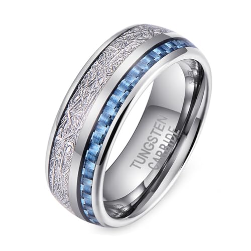 Ring Männer, Wolfram Ringe Männer Silber Metallfoliengewebe, Blaue Kohlefaser, 8 Mm Ringe für Herren Männer Größe 57 (18.1) von Skcess