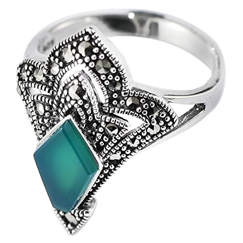 Ring Silber 925 Damen Breit, Damen Ring Silber Geometrischer Grüner Onyxring Zircon Ring Geschenke für Damen Frauen Freundin Größe 56 (17.8) von Skcess