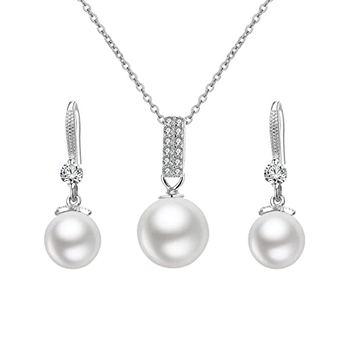 Schmuck Set 3Tlg Silber 925 Damen, Hook Ohrringe Hängend mit Perle-Anhänger Halskette Silber Kette Schmuck-Set Geschenke für Frauen Valentinstag von Skcess