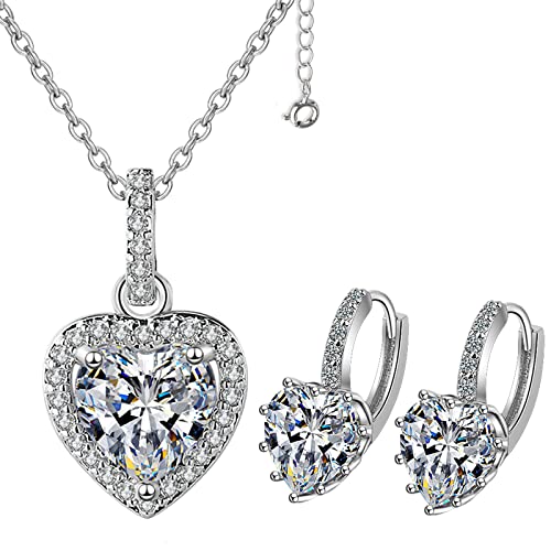 Schmuck Set Silber 925 Damen, Halskette Herz Anhänger Zirkonia Ohrringe Set Creolen Herz Schmuckset 3Tlg Geschenke für Frauen Valentinstag Weihnachten von Skcess