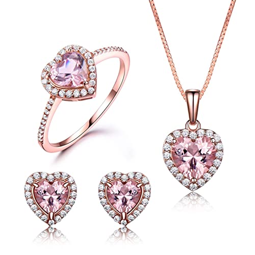 Schmuckset Damen Silber 925 Rosa, Schmuckset Rosegold Herz Ohrring Halskette und Ring Jewelry Set Ring Größe 6 von Skcess