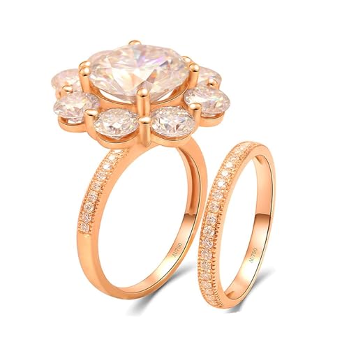 Skcess 14 Karat Roségold Partnerringe Weiß Moissanit Runden, Verlobungsring Damen 2 Stück Blumen-Allround-Band Zirkonia Ring Damen Größe 65 (20.7) von Skcess