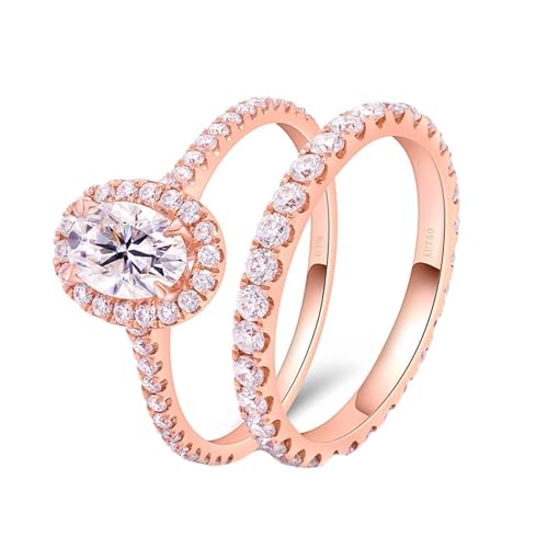 Skcess 14 Karat Roségold Zierlicher Ring Weiß Moissanit Oval, Verlobungsring Damen 2 Stück Oval Ringe Frauen Größe 49 (15.6) von Skcess