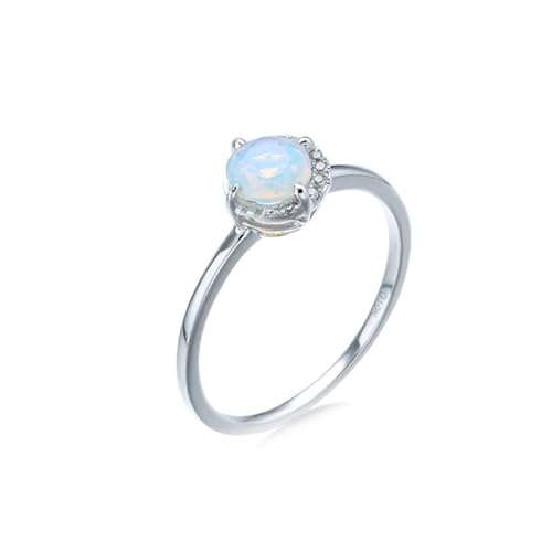 Skcess 14 Karat Weißgold Partnerringe Weiß Erstellter Opal Runden, Ring Damen Eleganter Runder Opal mit 4 Krallen und Moissanit Ringe Frauen Größe 54 (17.2) von Skcess