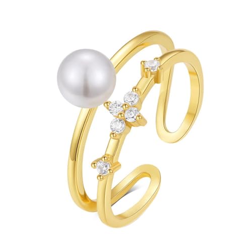 Skcess 14K Gelbgold Damenringe Weiß Perle, Verstellbarer Offener Perlenring Fingerring Damen Größe 56 (17.8) von Skcess