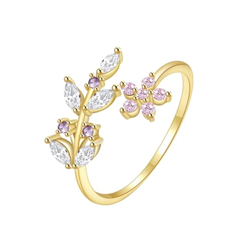 Skcess 14K Gelbgold Ehering Weiß Moissanite Ring, Verstellbarer Ring mit Blüten Und Blättern Ring Frauen Amethyst Größe 56 (17.8) von Skcess