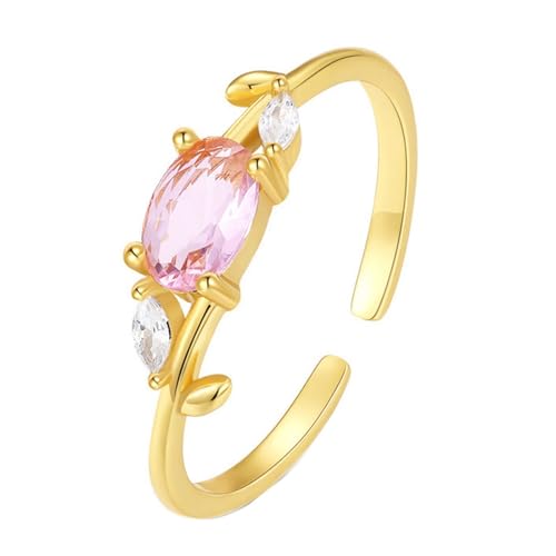 Skcess 14K Gelbgold Eheringe Pink Künstlicher Morganit 4x6mm, Verstellbarer Offener Blattring Ehering Moissanit Größe 57 (18.1) von Skcess