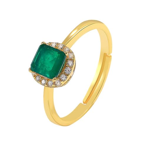 Skcess 14K Gelbgold Verlobungsring Damen Grün Künstlicher Smaragd 5x5mm, Rund mit Grünem, Quadratischem, Künstlichem Smaragd Ehering Moissanit Größe 52 (16.6) von Skcess