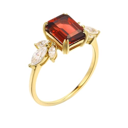 Skcess 18 Karat Gelbgold Damen Ring Rot Granat Smaragd, Ring Damen Rechteckiger Granat mit Zirkonia Zirkonia Ring Damen Größe 50 (15.9) von Skcess