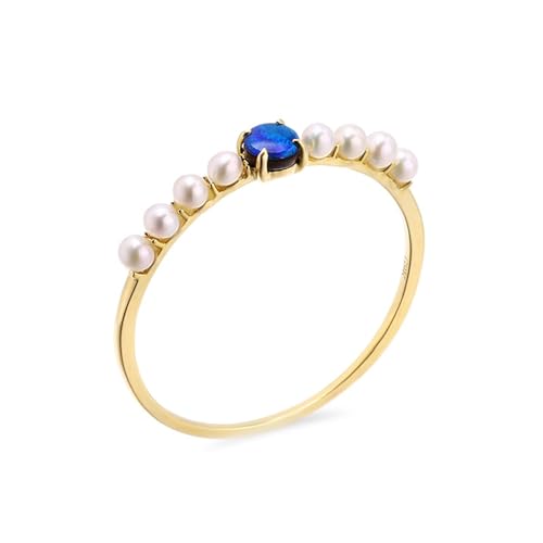 Skcess 18 Karat Gelbgold Damen Ringe Blau Opal Runden, Ehering Dünner Runder Opal mit Perle Ring Damen Größe 57 (18.1) von Skcess