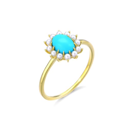 Skcess 18 Karat Gelbgold Promise Ring Blau Türkis Oval, Partner Ringe Blume Türkis mit Perle Ring Damen Größe 67 (21.3) von Skcess