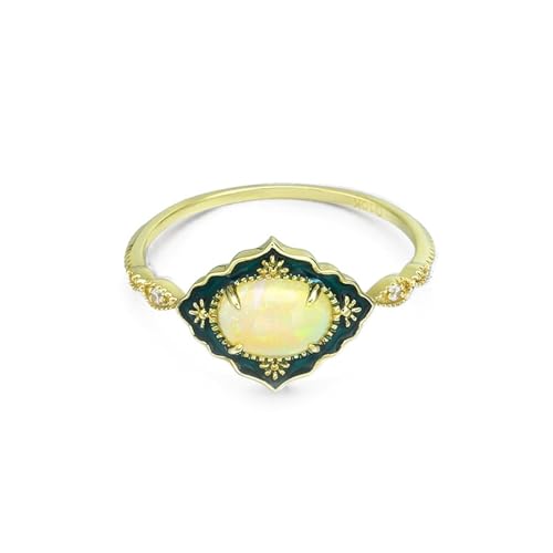 Skcess 18 Karat Gelbgold Ring Damen Hellgelb Opal Oval, Verlobungsringe Blumen-Rhombus-Oval-Opal mit Moissanit Ring Damen Größe 53 (16.9) von Skcess