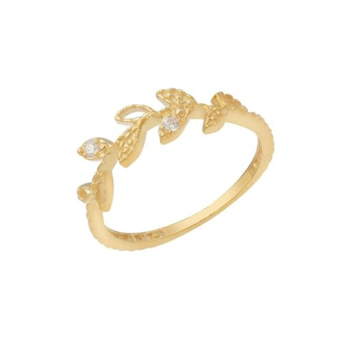 Skcess 18 Karat Gelbgold Ring Damen Weiß Zirkonia Runden, Ring Damen Blattzweig mit Zirkonia Ring Damen Größe 47 (15.0) von Skcess