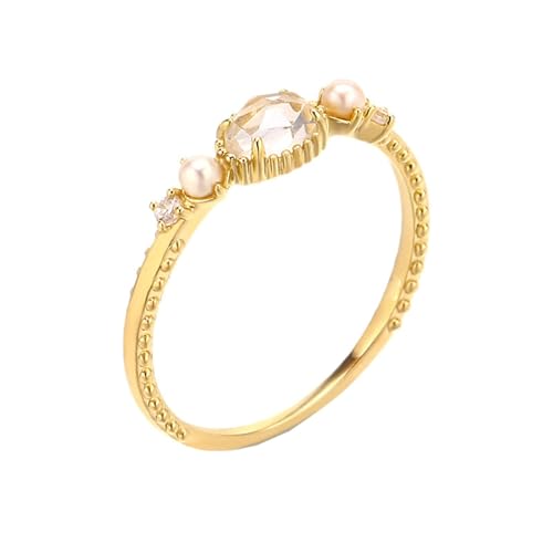 Skcess 18 Karat Gelbgold Ring Weiß Kristall Oval, Ring Ovaler Kristall mit Perle Ring Damen Größe 61 (19.4) von Skcess