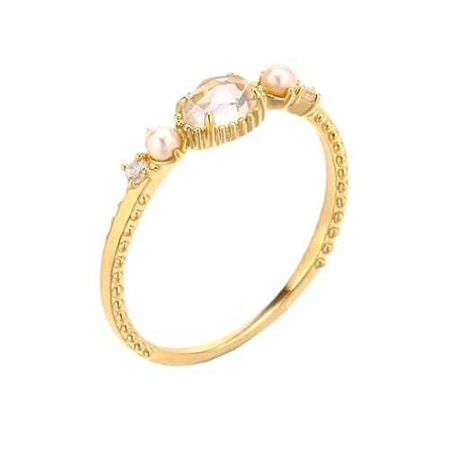 Skcess 18 Karat Gelbgold Wedding Ring Weiß Kristall Oval, Zierlicher Ring Ovaler Kristall mit Perle Ring Damen Größe 56 (17.8) von Skcess