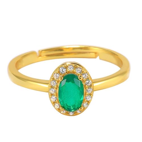 Skcess 9K Gelbgold Ehering Grün Künstlicher Smaragd 4x6mm, Eleganter Offener Vintage-Ring, Verstellbar Damenringe Moissanit Größe 58 (18.5) von Skcess