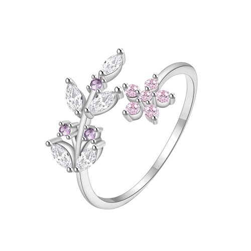 Skcess 9K Weißgold Ring Weiß Ring Moissanite Damen, Verstellbarer Ring mit Blüten Und Blättern Partnerringe Amethyst Größe 60 (19.1) von Skcess