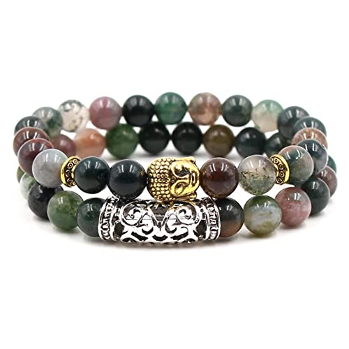 Skcess Buddhistisches Armband Damen Achat, 2Pcs Herren Armband Bunt 2Er Set Buddha Armband Yoga 19CMx8MM von Skcess