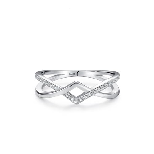 Skcess Damen Ring 925 Sterlingsilber, Fidget Ring Damen Weiß Zirkonia Ring Doppellagiges Geometrisches V-Kreuz-Design Größe 57 (18.1) von Skcess