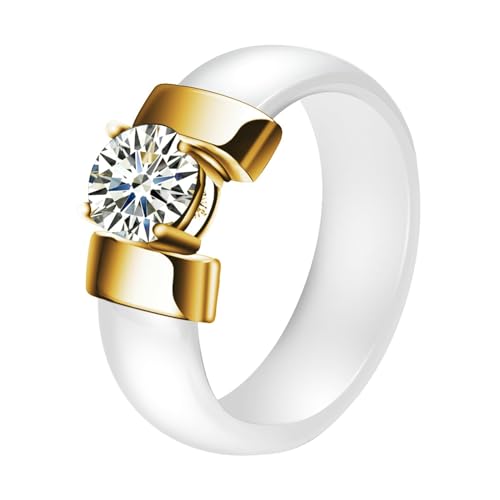 Skcess Damen Ring Frauen, 6MM Edelstahl Keramik Weiß Ringe mit Rundem Zirkonia Eingelegt Verlobungsringe für Männer Frauen 57 (18.1) von Skcess