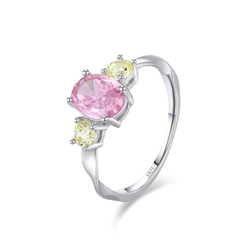 Skcess Damen Ringe 925 Sterlingsilber, Fingerring Damen Rosa Zirkonia Ring Schlichter Drei-Stein-Ring Größe 49 (15.6) von Skcess