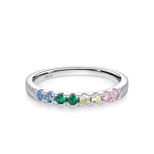 Skcess Fingerring Damen 925 Sterlingsilber, Damenring Mehrfarbig Zirkonia Ring Schlichte, Einreihige Farbige Zirkone mit Pfeilprägung Größe 57 (18.1) von Skcess