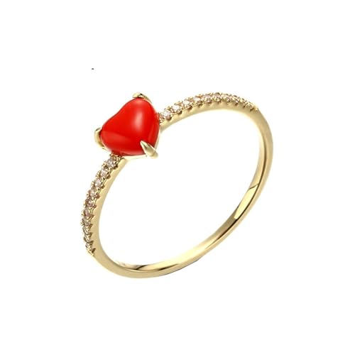 Skcess Goldring Damen 585 Echtgold 14K Fingerring Damen Weiß Zirkonia Runden, Verlobungsring Damen Rotes Herz mit Zirkonia Ringe Frauen Größe 52 (16.6) von Skcess