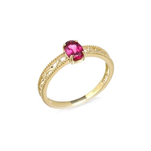 Skcess Goldring Damen 585 Echtgold 14K Ring Damen Rosenrot Granat Oval, Damen Ring Hohles Wellenmuster, Ovaler Rosaroter Granat Ringe Frauen Größe 66 (21.0) von Skcess