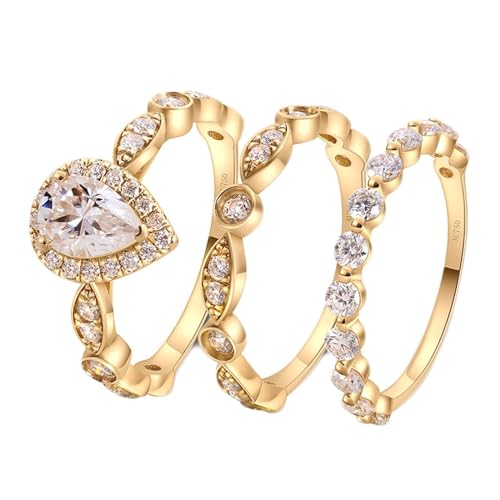 Skcess Goldring Damen 585 Echtgold 14K Verlobungsring Damen, Ring Damen Ringset mit Wassertropfenförmigem 1-Karat-Moissanit Ring Damen Größe 57 (18.1) von Skcess