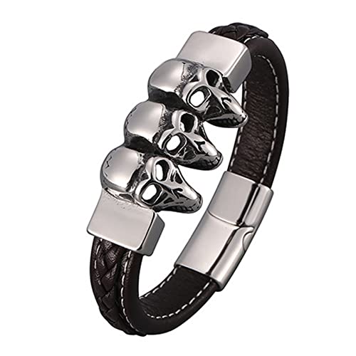 Skcess Herrenarmband Silber，Herrenarmbänder Leder 3 Totenkopf Lederarmband Mit Magnetschnalle Rostfreier Stahl Armbänder Männer 20.5cm von Skcess