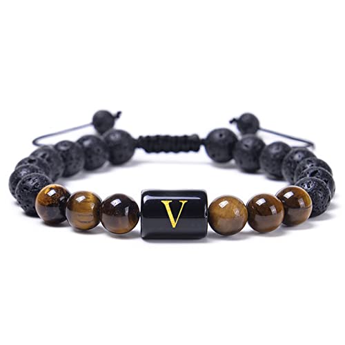 Skcess Lavastein Armband Herren, Armbänder Damen Schwarz Alphabet V Perlen Geflochten Steinarmbänder 29.2CMx8MM von Skcess