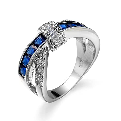 Skcess Ring Damen Weiß Vergoldet, Damenring Silber Blau Verdrehter Eingelegter Blauer Zirkon Verlobungsringe Größe 57 (18.1) von Skcess