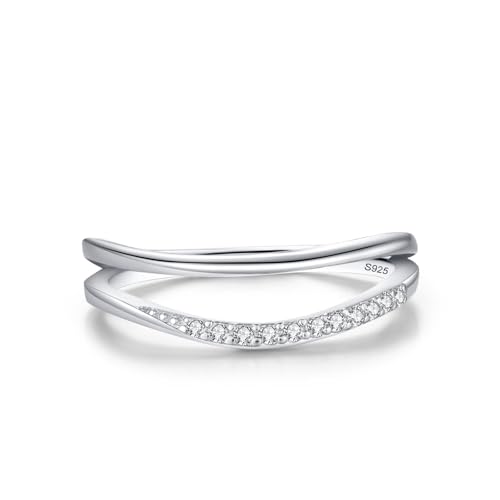Skcess Ring Mädchen 925 Sterlingsilber, Damenring Weiß Zirkonia Ring Schlichtes Doppellagiges Bogen-Design Größe 49 (15.6) von Skcess