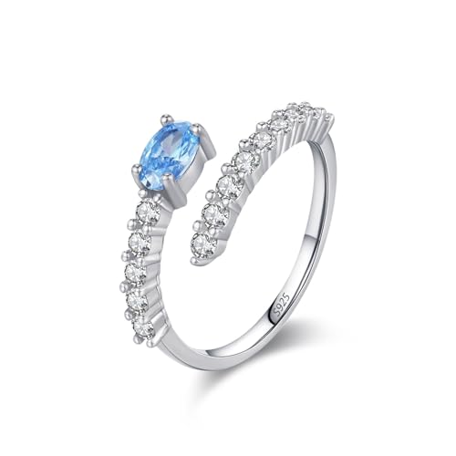 Skcess Ringe Damen 925 Sterlingsilber, Damen Ring Blau Zirkonia Ring Doppelreihiger Offener Zirkonring mit Ovalem Solitär Größe 60 (19.1) von Skcess