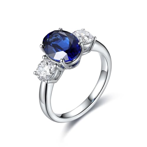 Sterlingsilber Damenring Synthetischer Saphir 3.08 Ct Blau, Ehering mit 3 Steinen 3,08 Ct Künstlicher Saphir Größe 60 (19.1) von Skcess