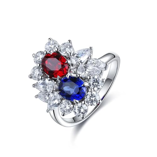 Sterlingsilber Eheringe Synthetischer Rubin Rot, Eheringe Blume mit Künstlichem Rubin Und Saphir Größe 50 (15.9) von Skcess
