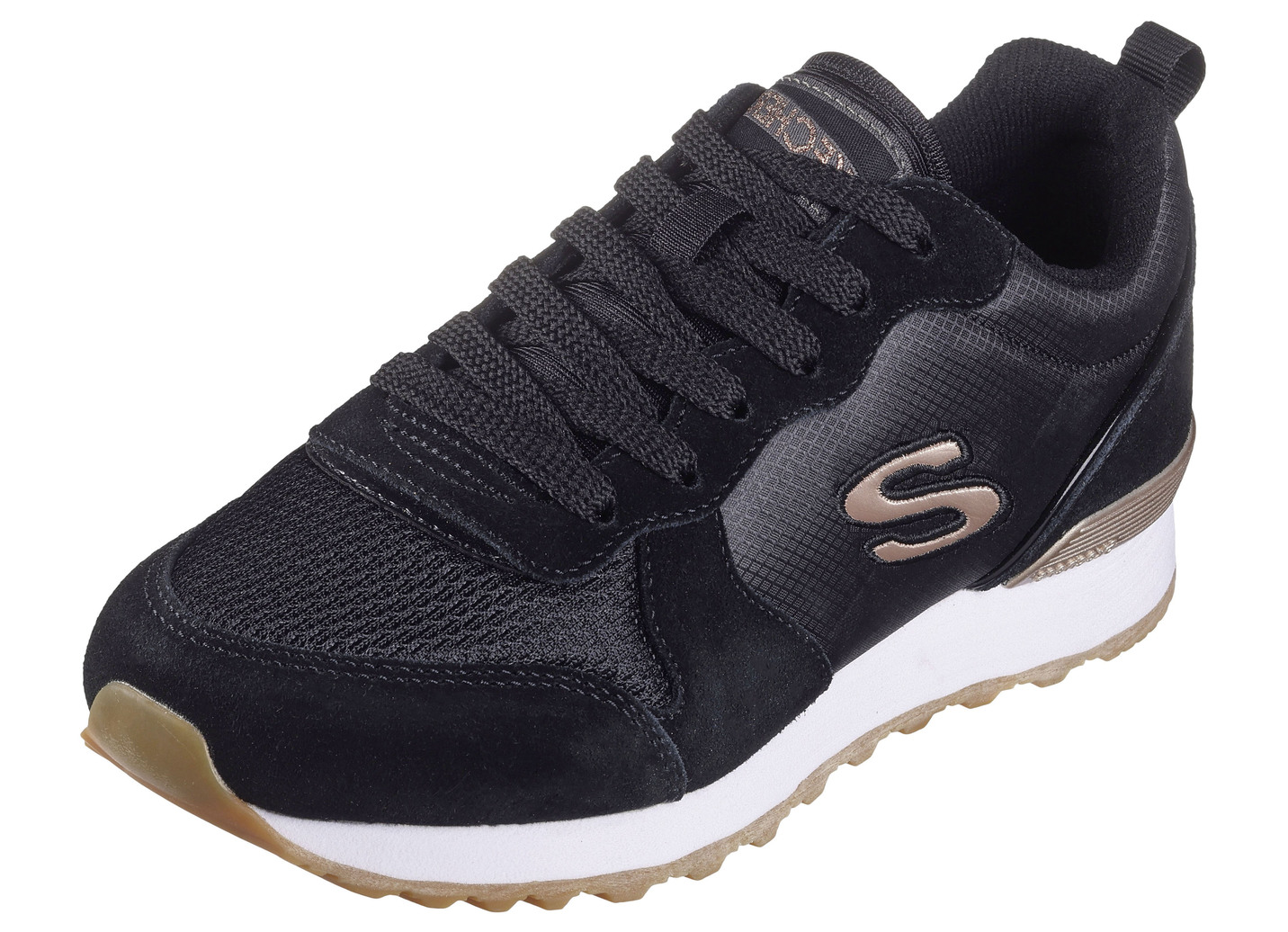 SKECHERS, sportliche Damen-Sneaker, aus Leder, Synthetik und Mesh, Schwarz-Roségold, Größe 36 von Skechers