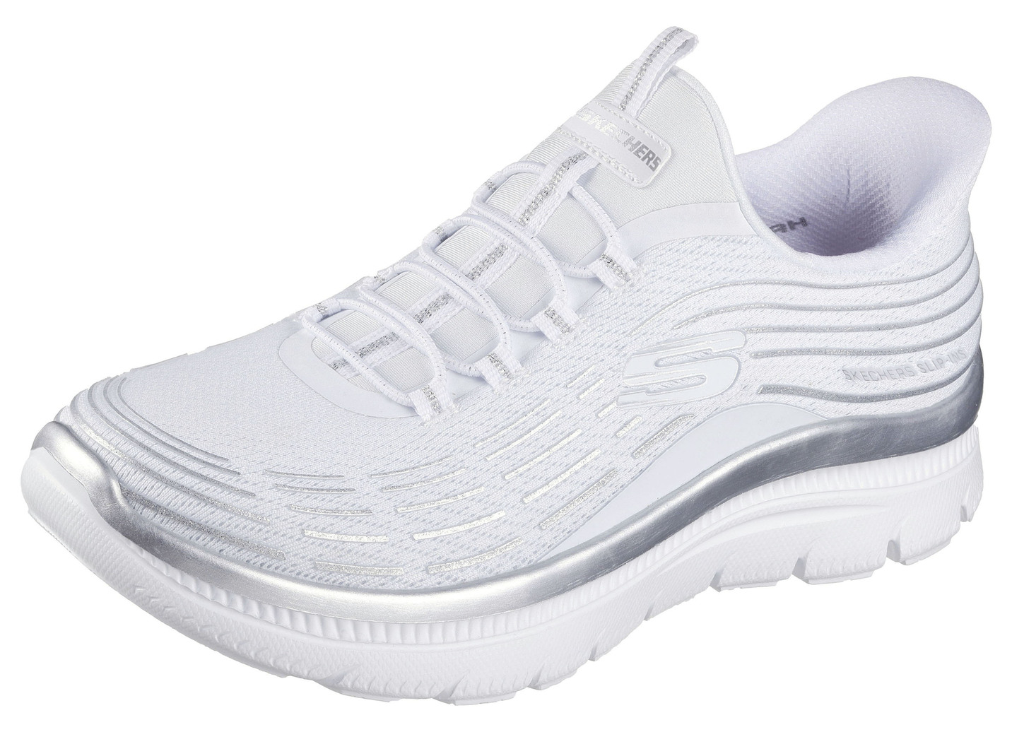 SKECHERS, stylische Damen-Sneaker, mit geformter Slip-Ins Fersenplatte, Weiss-Silber, Größe 42 von Skechers