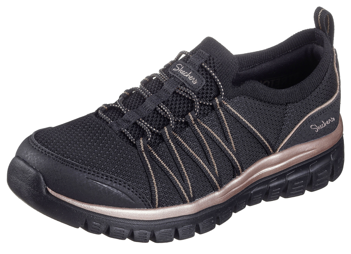 SKECHERS,  trendige Damen-Slipper, aus gestricktem Mesh-Material, Schwarz-Roségold, Größe 37 von Skechers