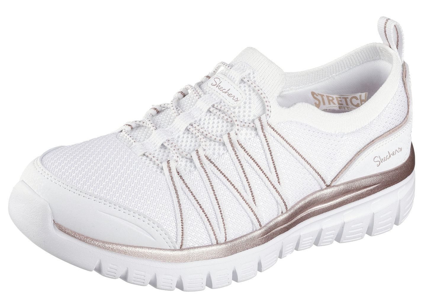 SKECHERS,  trendige Damen-Slipper, aus gestricktem Mesh-Material, Weiss-Roségold, Größe 38 von Skechers