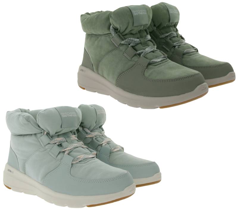 SKECHERS Damen Glacial Ultra Trend Up Ankle-Boots mit Ultra Go-Dämpfung Winter-Schuhe mit Air Cooled-Goga Mat 144194 Türkis/Blau oder Oliv-Grün von Skechers